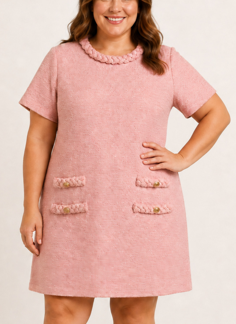 Tuckernuck Blossom Pink Tweed Jackie Shift Dress 3X Gold Buttons Braided Plus